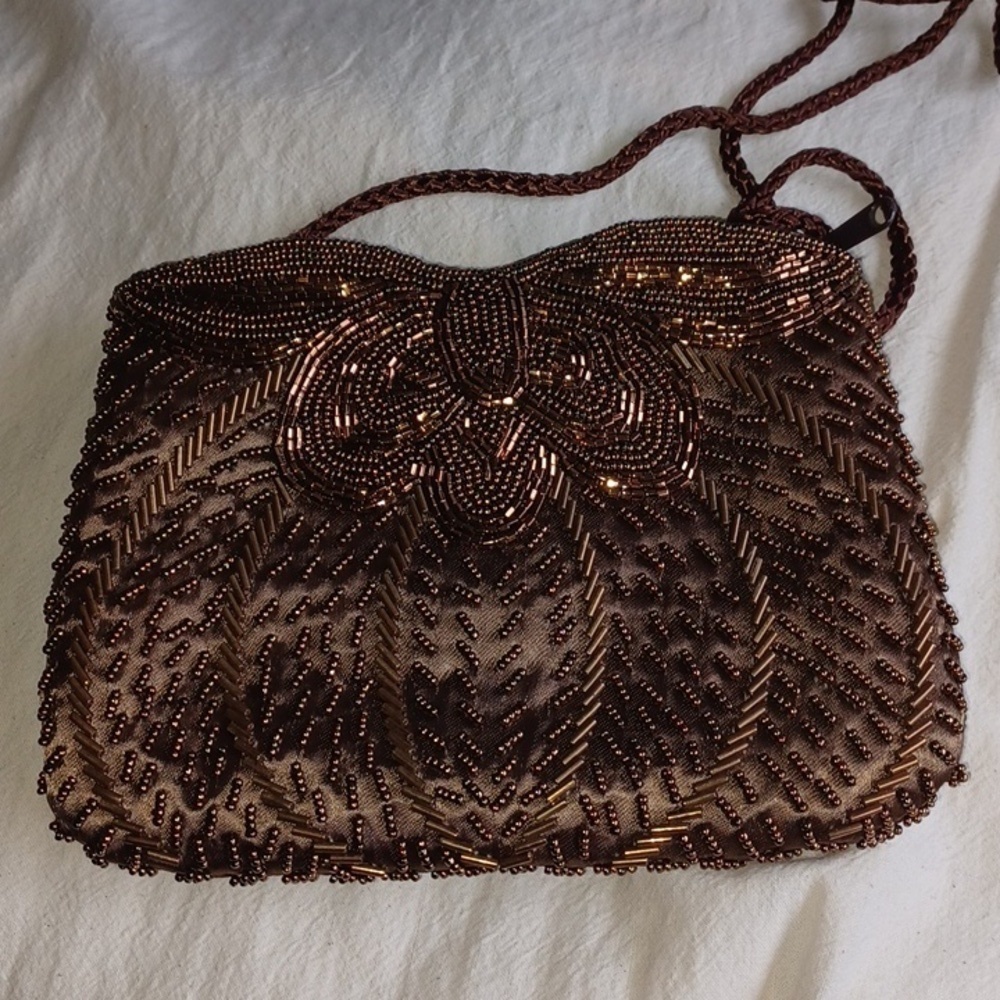 Magid Vintage Purse, Crossbody Bag with Long Strap, Brown and Sparkly, 7x6